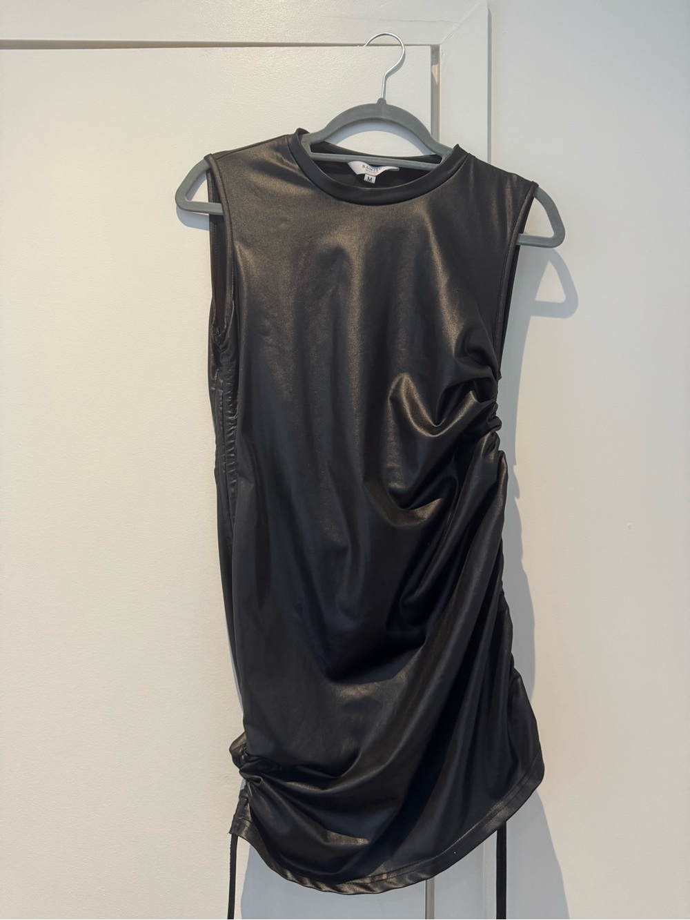 Ramisu Collection Black Faux Leather Ruched Drawstring Bodycon Dress – M